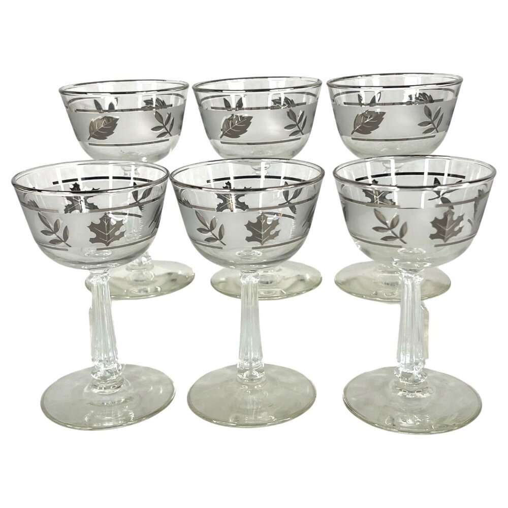 6 Vintage Libbey Silver Leaf Champagne Glasses Cocktail Barware Goblet 5 IN Set